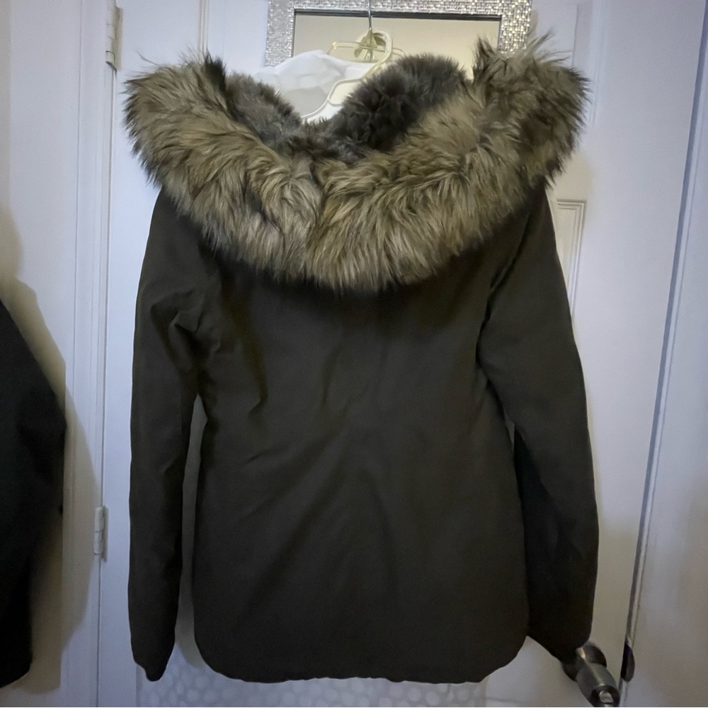 Aritzia Tna Dark Green Mid-Jacket with Fur Hood